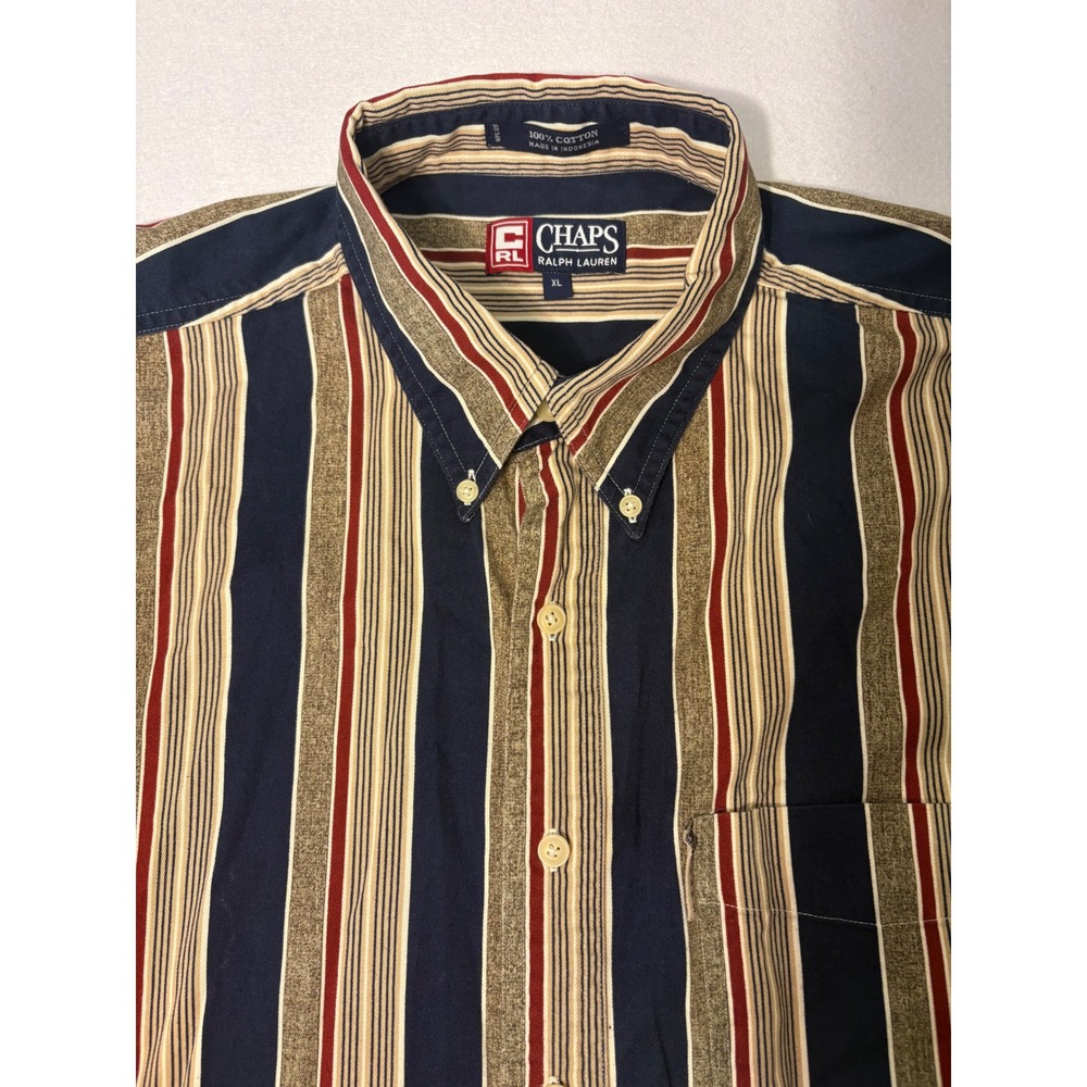 Chaps Ralph Lauren Mens XL Long Sleeve Striped Button Down Shirt Navy Tan Red - Picture 2 of 10